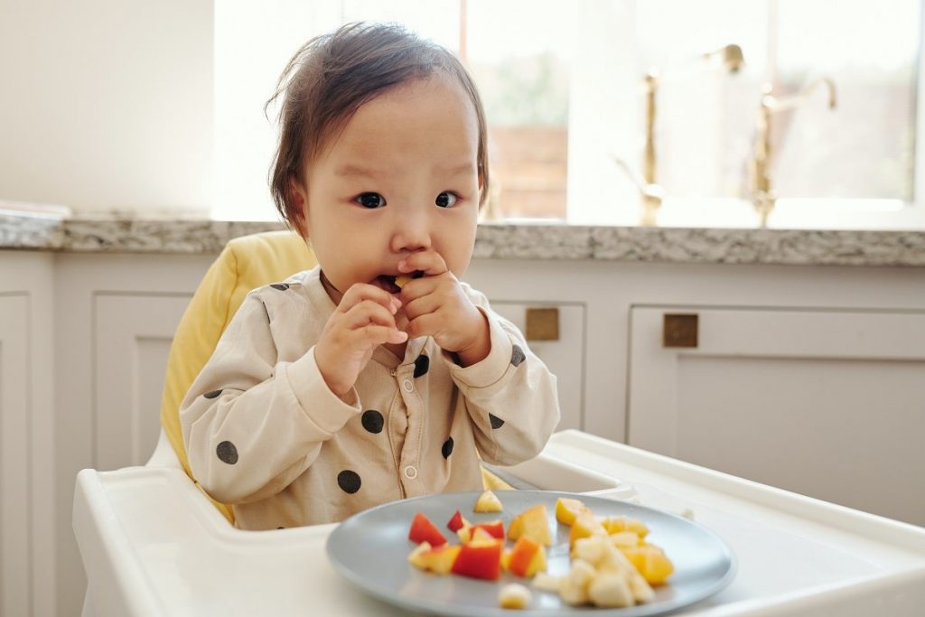 Child in a High Chair Eating Fresh Fruits